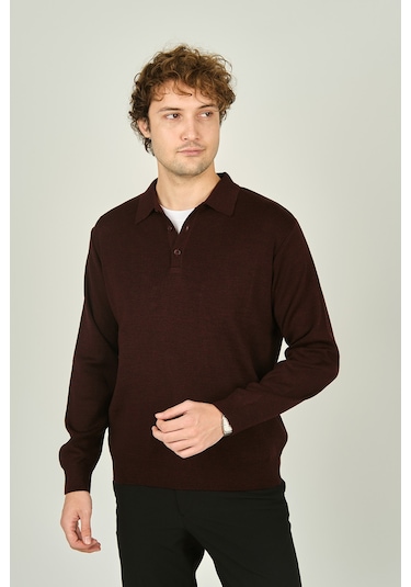 Ateş Triko Erkek Polo Yaka Düğmeli Yün Kazak 6091023 K.bordo K.bordo Koyu Bordo