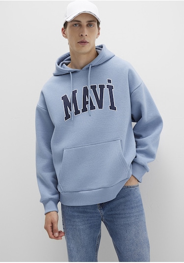 Mavi - Mavi Logo Baskılı Mavi Kapüşonlu Sweatshirt 067149-86998 Mavi