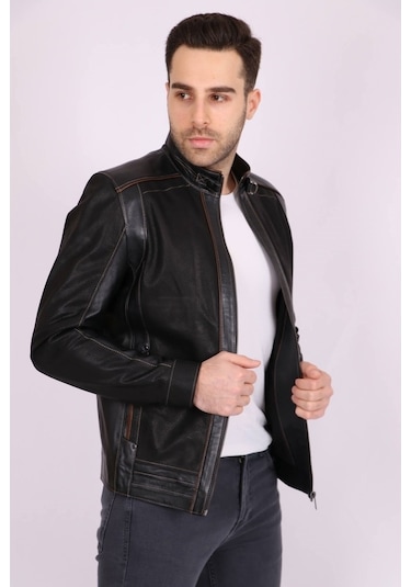 Erkek Siyah Hakiki Deri Hakim Yaka Biyeli Spor Mont