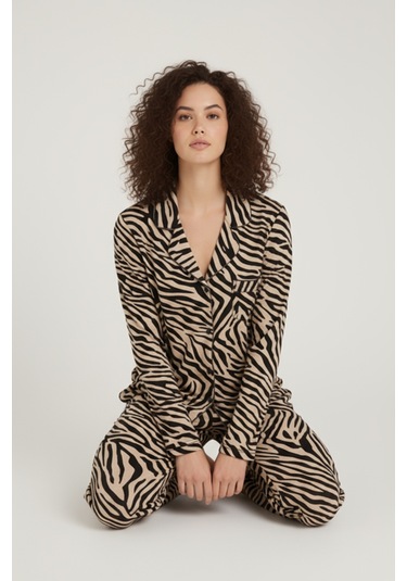 Luxury Viscose Zebra Desenli Kadın Uzun Kollu Pijama Takımı 42570 Zebra
