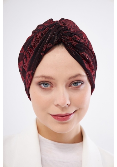 Bordo Simli Büzgülü Tesettür Bone Jakar Çiçek Desenli 2317 16 Bordo