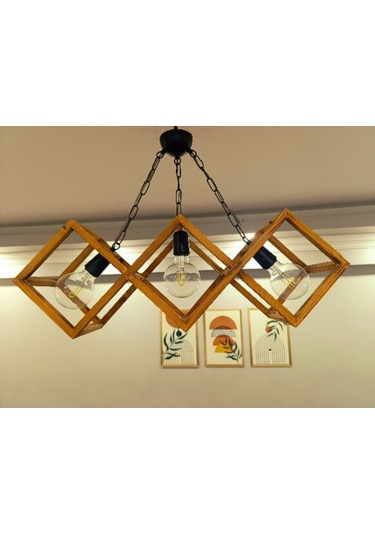 Doğal Eskitme 3'lü Ahşap Kare Çerçeveli Avize Siyah Zincir Askı