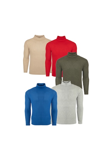 Ribac Boğazlı Balıkçı Triko Erkek Kazak 5'li Paket - İndigo-Gri-Bej-Haki-Bordo Çok Renkli