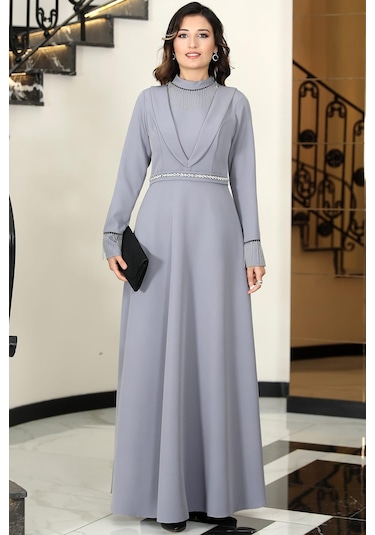 Gamze Zincir Detaylı Tesettür Elbise Gri Gri