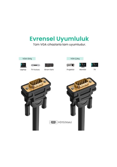 Ugreen Vga Görüntü Aktarma Kablosu 5 Metre, Siyah, 11632