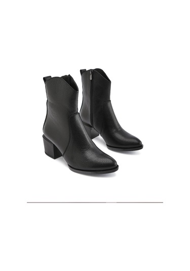 Hakiki Deri Siyah Renk Fermuarlı Kalın Topuk Sivri Burun Kadın Bot Siyah