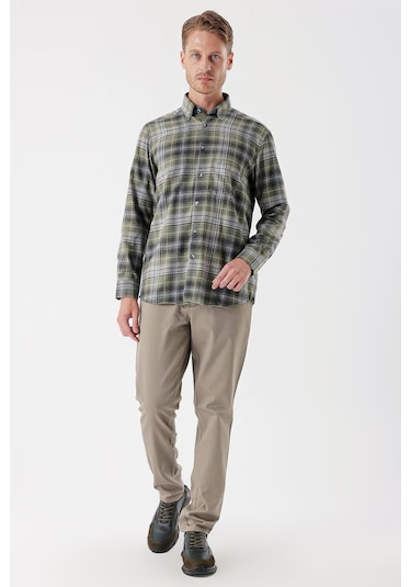 Koyu Haki Uzun Kollu Ekoseli Gabardin Sert Yaka Cepli Garnili Casual Comfort Fit Gömlek 1004235112-koyu Haki Koyu Haki