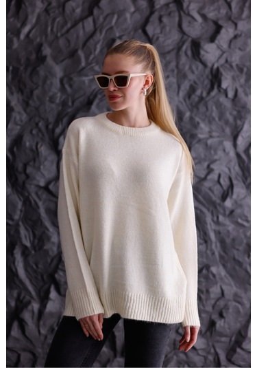 Bisiklet Yaka Oversize Basic Triko Kazak Bej