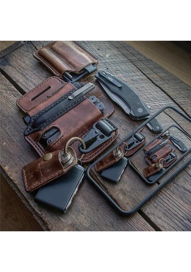 Aubyhe Deri Askeri Cep Çanta - Taç, Siyah Renkli, Kemer Uyumlu, Çakı Ve Araç Taşıma, Outdoor Etkinlikler İçin