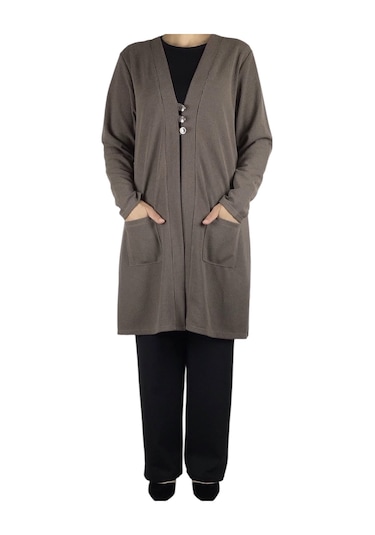 Kadın Önü Üç Düğmeli Mevsimlik Cepli Hırka Vizon