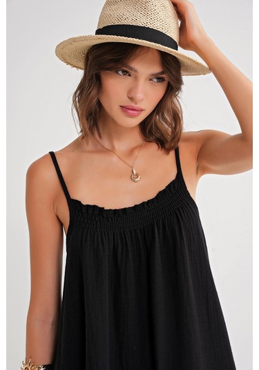 4740 Kadın Askılı Müslin Midi Elbise Siyah Siyah