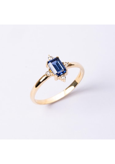 Gümüş Yüzük - Octagon Kesim Safir Taşlı 0.95 Karat Pırlanta Montorü Şık 925 Ayar Gümüş Yüzük Sarı