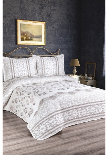 DELÜX ARİA MODEL 3 PARÇA YASTIKLI YATAK ÖRTÜSÜ PİKE TAKIMI Krem - Kahverengi