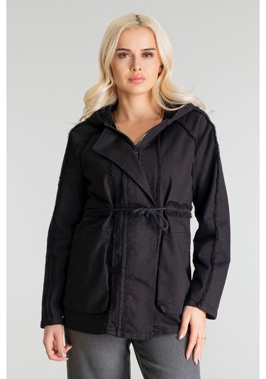 Kadın Power Likralı Pamuklu Kumaş Kapişonlu Fermuarlı Kordonlu Pis Dikişli Mont Siyah