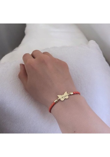 Ayşe İsmine Özel Kelebek Motifli 14 Ayar Altın Plakalı Turuncu Derili Hediye Bileklik-502isim Ayşe