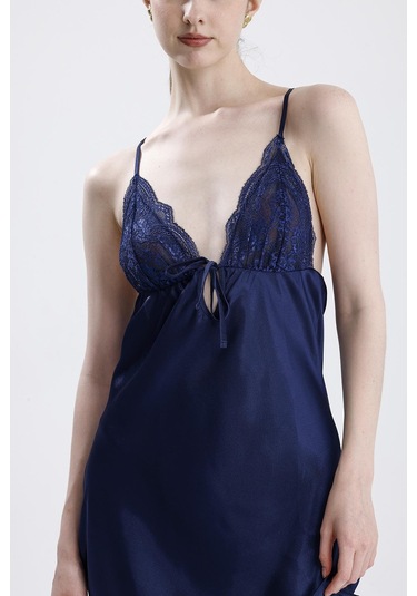 Laperissa Kadın Saten Dantelli Lacivert Gecelik Lacivert