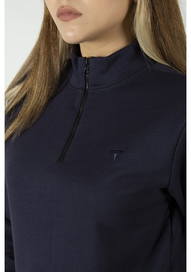 Kadın Lacivert Yarım Fermuarlı Basic Düz Renk Trend Sweatshirt Lacivert