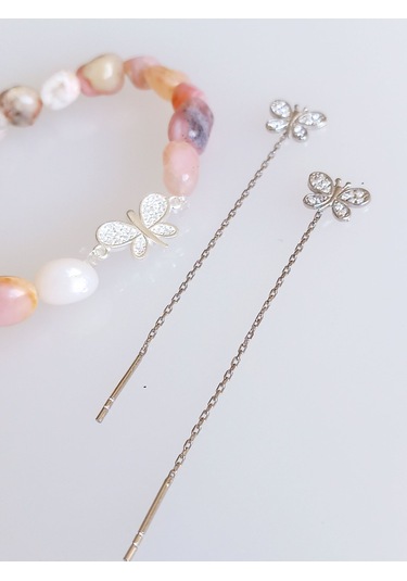 925 Ayar Gümüş Zincir Kelebek Küpe Pembe Ay Taşı Doğal Taş Kadın Bileklik Gümüş