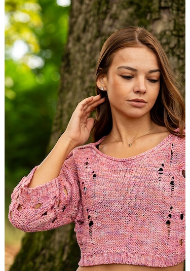 Verdeblanco Yırtık Detaylı Örme Crop Top Açık Pembe