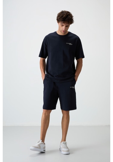 Lacivert Pamuklu Kalın Yumuşak Dokulu Oversize Fit Nakışlı Erkek Şort Takım - 85250