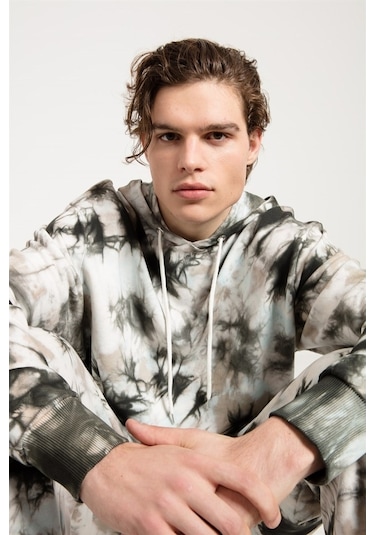 Jahr Marc Batik Yıkamalı Gri Oversize Erkek Kapüşonlu Sweatshirt Gri