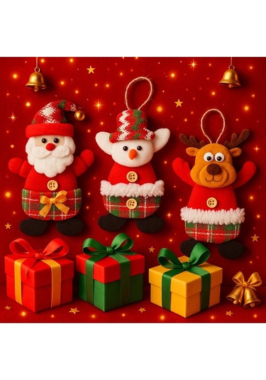 3'lü Peluş Karakterlerle Eğlenceli Yeni Yıl Dekoru Noel Figürleri Yılbaşı Ağaç Süsleri 17 Cm X 11 Cm Çok Renkli