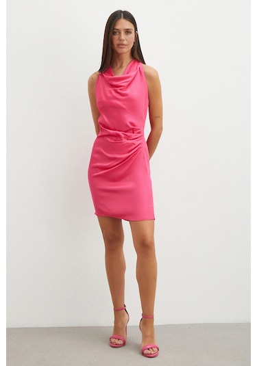 Uterpe Pembe Jakarlı Halter Yaka Elbise Fuşya