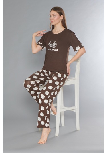 Flz Kısa Kol Yazlık Viskon Pijama Takımı Beach Club Flz 88-110 Kahve