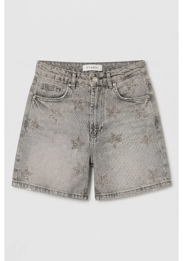 Itsbasic Kadın Füme T-4s6-12 Mom Relax Yıldız Detaylı Tasarım Denim Şort