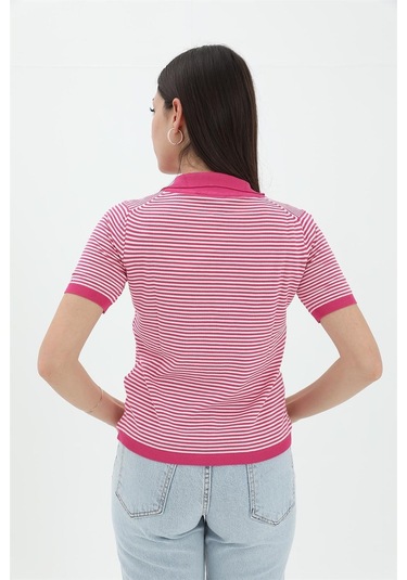 İnce Çizgili Polo Yaka Triko Kazak - Fuşya - Kadın