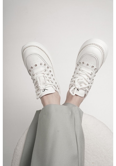 Ollie Orijinal Kriste Bell İthal Özel Seri Taş Detaylı Kadın Spor Ayakkabı Beyaz Beyaz