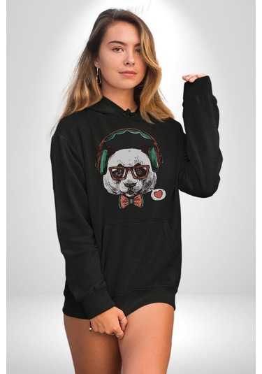 Kulaklıklı Hipster Portre Panda Kadın Erkek Siyah Kapüşonlu Sweatshirt Hoodie Siyah