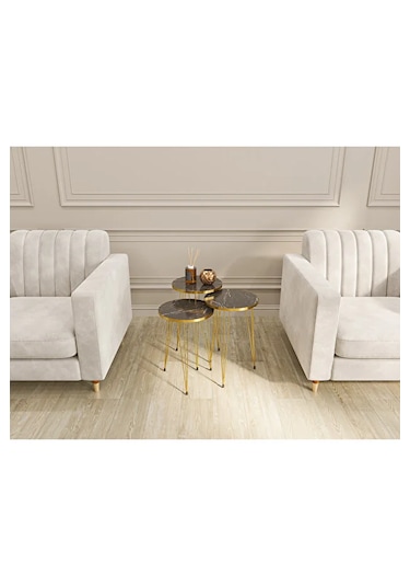 Zigon Sehpa 3'lü Yuvarlak Gold Tel Ayaklı Siyah Mermer