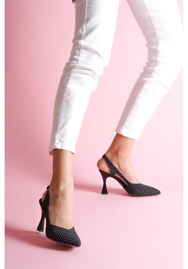 Duck Siyah Puantiyeli Yanları Açık Topuklu Ayakkabı