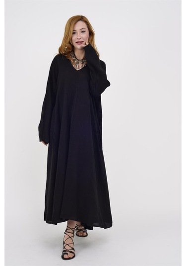 İtalyan V Yaka Uzun Kol Keten Elbise-8907 Siyah