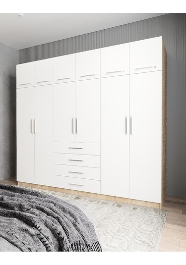 Biray 6 Kapaklı Gardırop Dolap Meşe Beyaz 240 Cm - Montaj Dahil