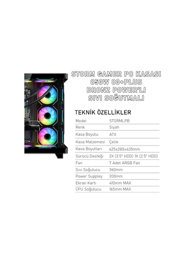Gameagle STORMLPB Storm 7 Argb Fanlı Gamer Pc Kasası 850w 80+ Plus Bronz Power'lı Sıvı Soğutmalı Siyah