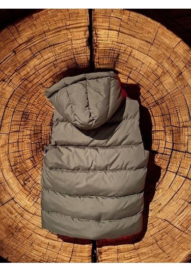 Çocuk Kapüşonlu Cep Detaylı Şişme Kalın Yelek-15008 Haki