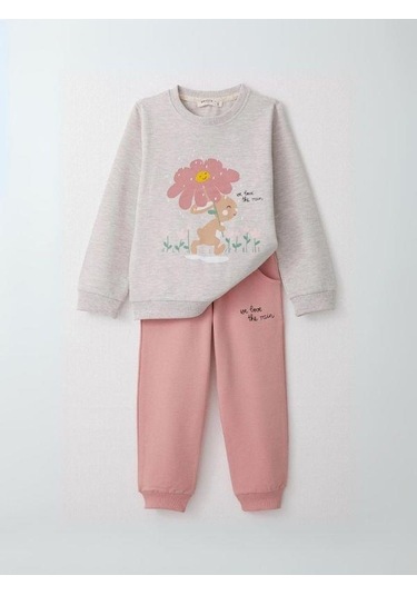 Kız Çocuk Çiçek Desenli Pamuklu Eşofman Takım-14584 Gri