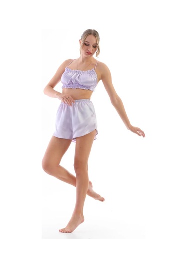 Laperissa Lila Saten Omuz Bağlamalı Kadın Askılı Pijama Takımı Mor