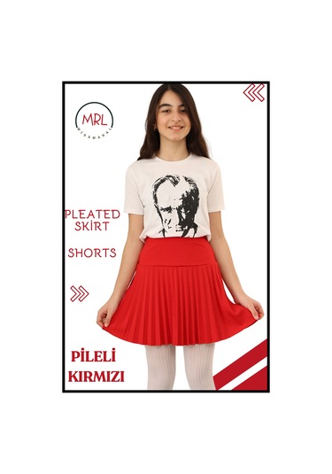 Kız Çocuk Pileli Etek Kırmızı Yüksek Bel İçi Şortlu Likra Kumaş Okul-oyun-spor-etkinlik Eteği 4105 Kırmızı