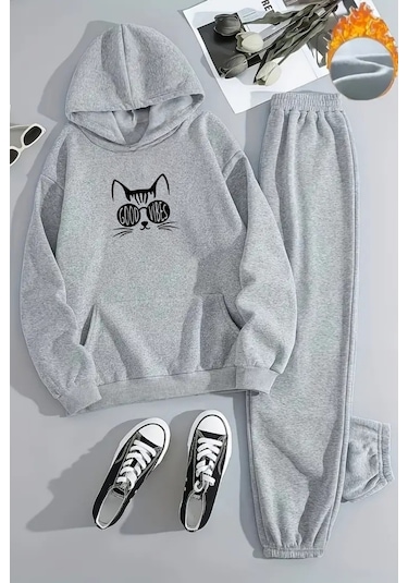 Unisex Good Vbs Kedi Baskılı Kapüşonlu Gri Eşofman Takımı - Kışlık Şardonlu Kumaş Gri