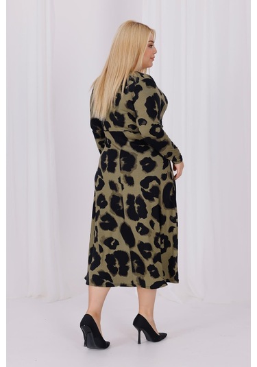 Kadın Haki Yeşil Leopar Desen Kruvaze Yaka Büyük Beden Esnek Maxi Elbise Haki