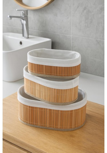 3 Lü Bambu Sepet Seti - Doğal Katlanabilir,dekoratif Organizer - Banyo Ve Ev Düzeni Bambu