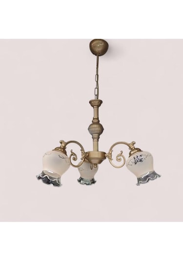 Çicek Kol Üç Kollu Metal Zamak Avize Eskitme Statik Boyalı Mat Somon Rengi Camlı Bal - Eskitme