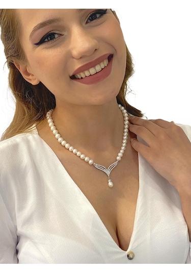 Trend Altın Modeli Inci Anturaj Gerdanlık 925 Gümüş Inci Kolye (489259356)