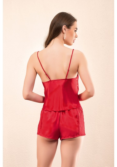 Cezbe Kırmızı Saten Dantel Detaylı Askılı Şortlu Takım M Kırmızı
