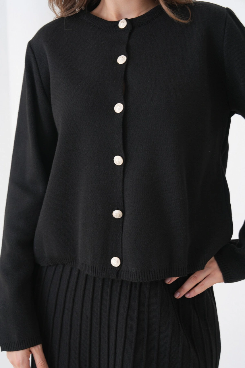 Kadın Pileli Etek Kazağı Düğmeli Tesettüre Uygun Örgü Triko Etekli Ceket Takım Siyah