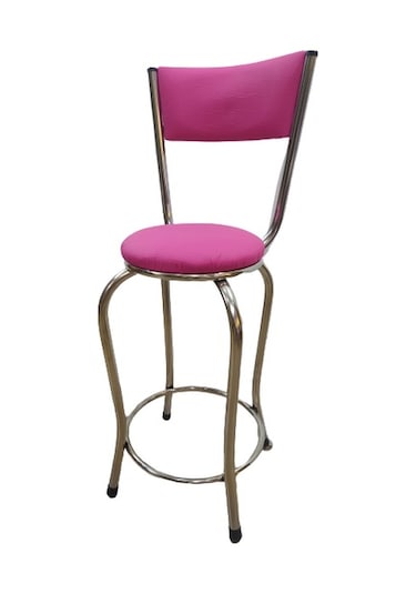 Sandalye BAR Tipi Yüksek Model  PEMBE FUŞYA 1 adet Metal Çelik nikelaj Suni deri döşeme El Yapım Pembe