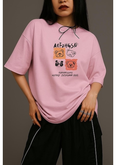 Ayıcık Baskılı Unisex Oversize Tişört Pembe